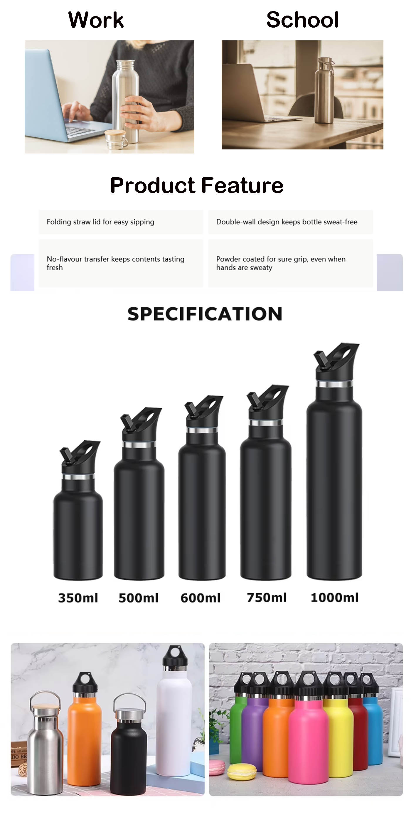 الفولاذ المقاوم للصدأ الترمس فراغ زجاجة المياه مع فم واسع