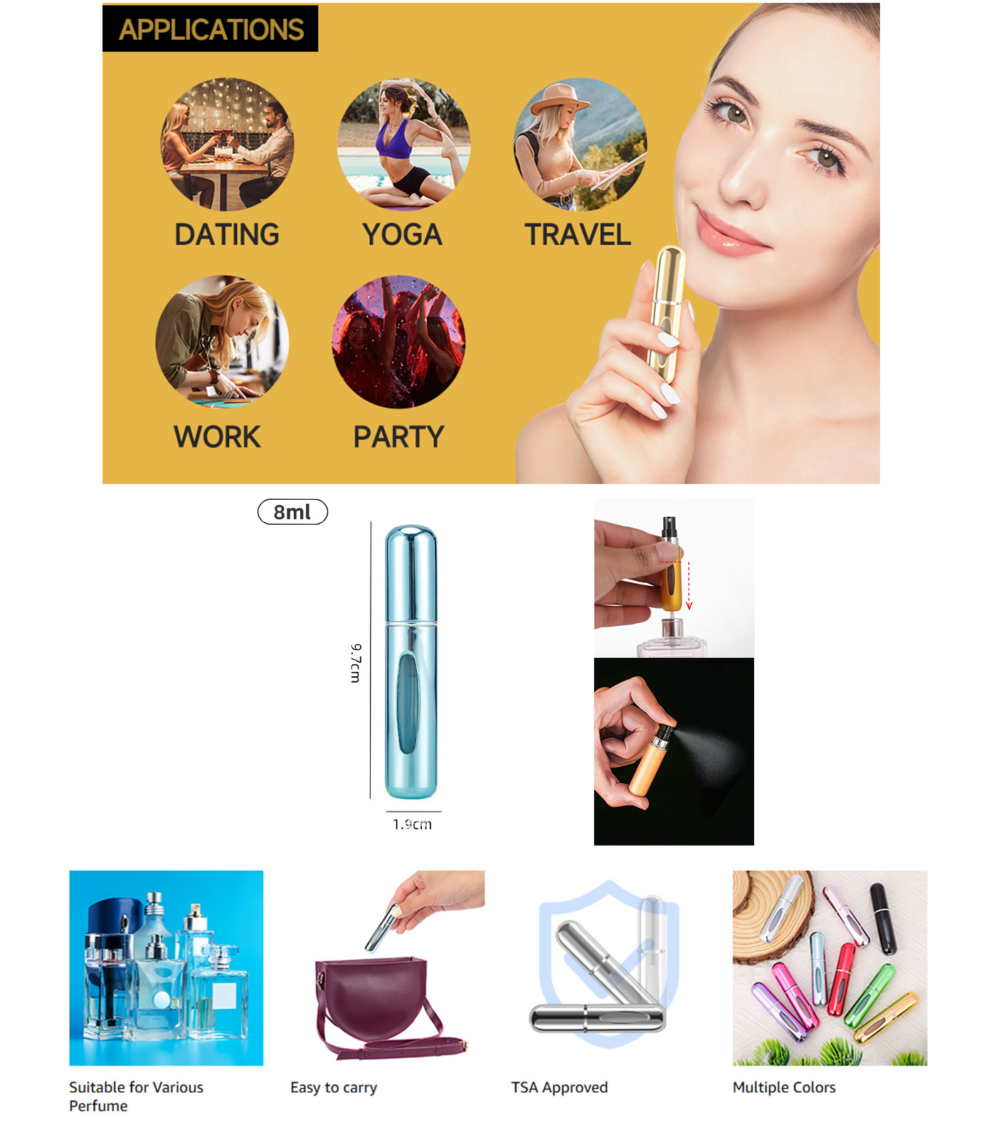 مصغرة أسفل ملء زجاجة عطر على الحركة والتنقل العطر الأساسية